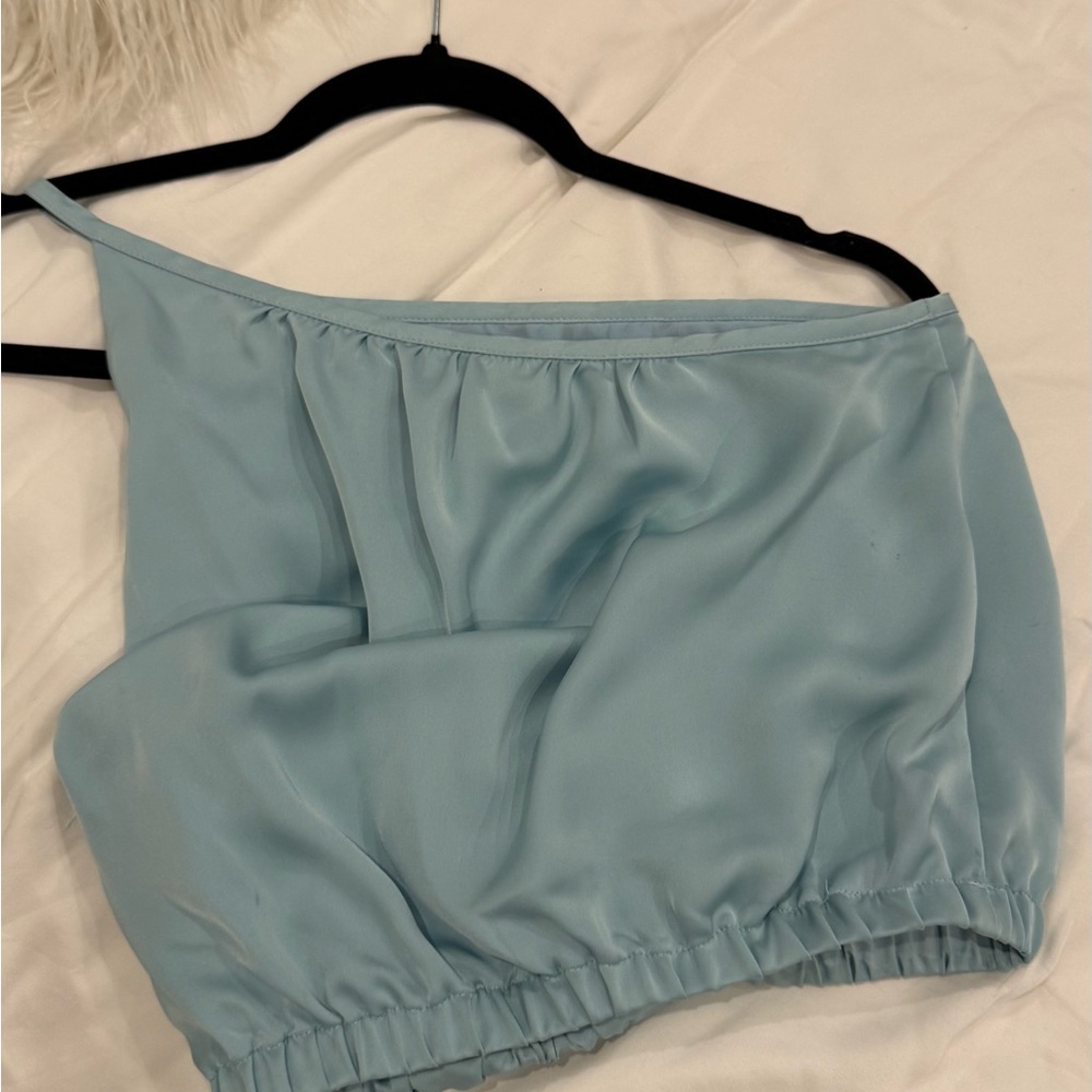 Ramy Brook One-Shoulder Light Blue Satin Top